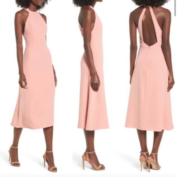 NBD Halter Leo Midi Flare Open Back Dress Peach Pink - Picture 1 of 12